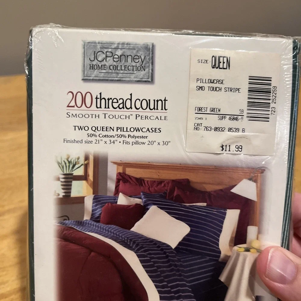 Vtg JCPenney Home Collection (2) Pillowcases Forest Green‎ Stripe 200 TC